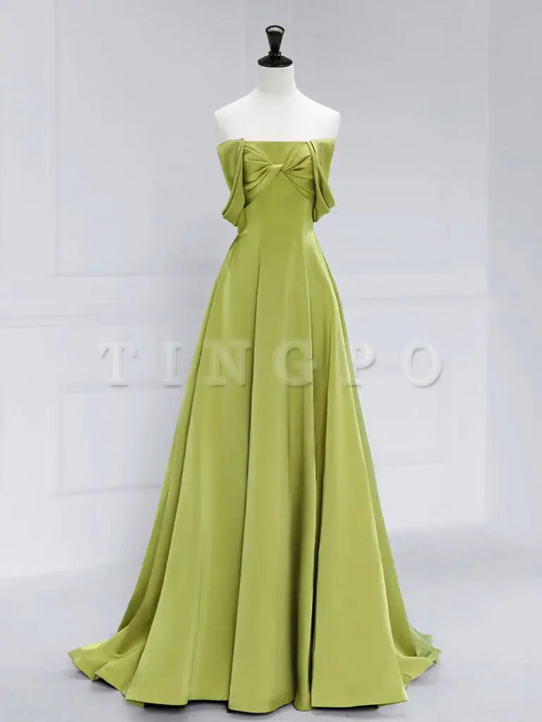 Wholesale A-Line Off Shoulder Satin Green Long Prom Dress Green Long Formal Dress gowns evening dresses